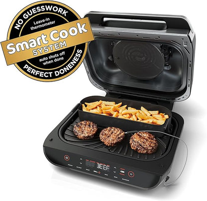 Ninja FG551 Foodi Smart XL 6-in-1 Indoor Grill with Air Fry, Roast, Bake, Broil & Dehydrate, Smart Thermometer, Black/Silver