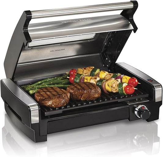 Hamilton Beach Electric Indoor Searing Grill with Viewing Window,Removable Easy-to-Clean Nonstick Plate, 6-Serving, Extra-Large Drip Tray, Stainless Steel,