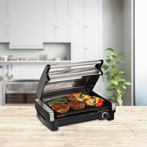 Hamilton Beach Electric Indoor Searing Grill with Viewing Window,Removable Easy-to-Clean Nonstick Plate, 6-Serving, Extra-Large Drip Tray, Stainless Steel,