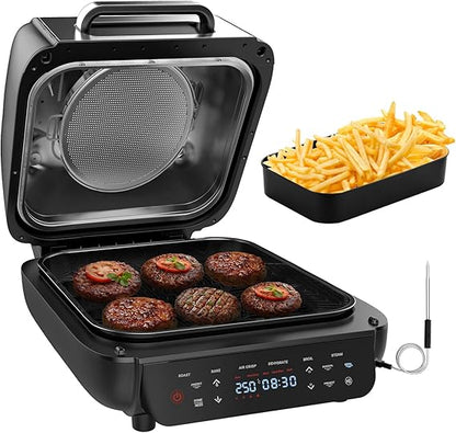 Parmedu Air Fryer Indoor Smokeless Grill: 12-in-1 Electric Air Grill Combo with Bake, Roast, Broil, Steam, Dehydrate, 1800W Power Grill with Smart Thermometer, Non-stick Dishwasher-safe Plates