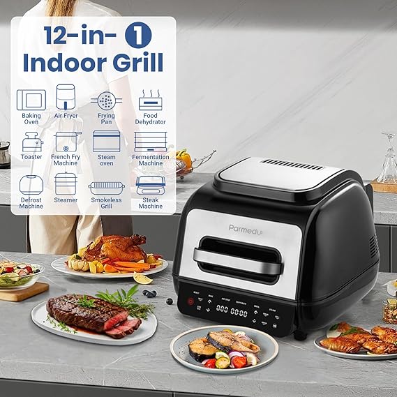 Parmedu Air Fryer Indoor Smokeless Grill: 12-in-1 Electric Air Grill Combo with Bake, Roast, Broil, Steam, Dehydrate, 1800W Power Grill with Smart Thermometer, Non-stick Dishwasher-safe Plates