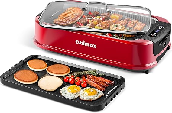 CUSIMAX Indoor Grill, Smokeless Grill Indoor, 1500W Korean BBQ Grill Electric Grill Griddle with LED Smart Display & Tempered Glass Lid, Non-stick Removable Grill Plate & Griddle Plate, Red