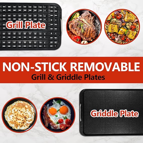 CUSIMAX Indoor Grill, Smokeless Grill Indoor, 1500W Korean BBQ Grill Electric Grill Griddle with LED Smart Display & Tempered Glass Lid, Non-stick Removable Grill Plate & Griddle Plate, Red