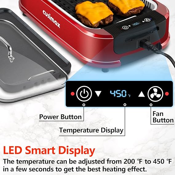 CUSIMAX Indoor Grill, Smokeless Grill Indoor, 1500W Korean BBQ Grill Electric Grill Griddle with LED Smart Display & Tempered Glass Lid, Non-stick Removable Grill Plate & Griddle Plate, Red