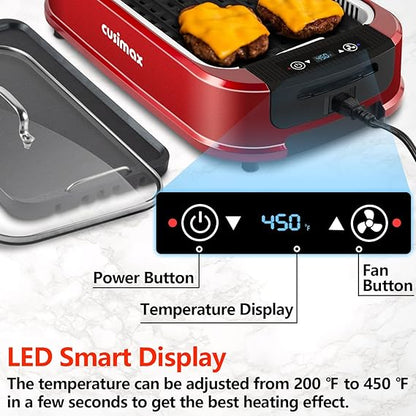 CUSIMAX Indoor Grill, Smokeless Grill Indoor, 1500W Korean BBQ Grill Electric Grill Griddle with LED Smart Display & Tempered Glass Lid, Non-stick Removable Grill Plate & Griddle Plate, Red