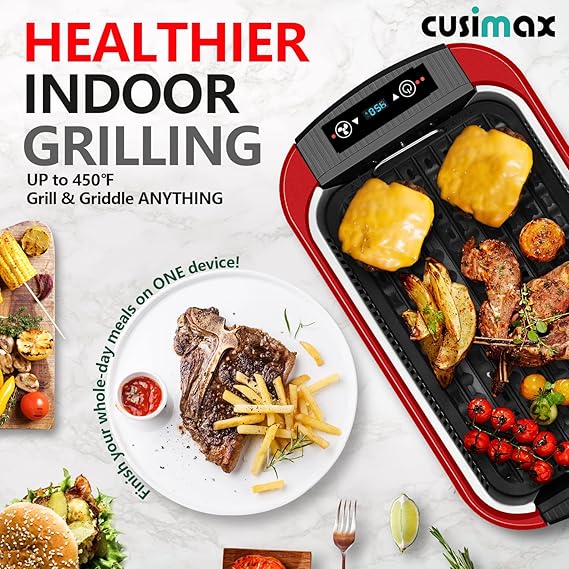 CUSIMAX Indoor Grill, Smokeless Grill Indoor, 1500W Korean BBQ Grill Electric Grill Griddle with LED Smart Display & Tempered Glass Lid, Non-stick Removable Grill Plate & Griddle Plate, Red