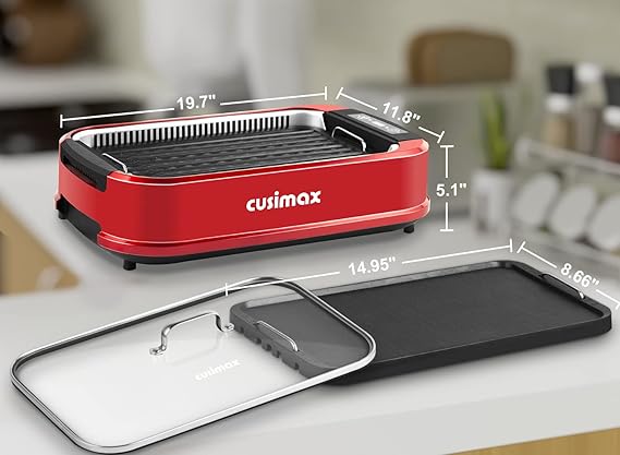 CUSIMAX Indoor Grill, Smokeless Grill Indoor, 1500W Korean BBQ Grill Electric Grill Griddle with LED Smart Display & Tempered Glass Lid, Non-stick Removable Grill Plate & Griddle Plate, Red