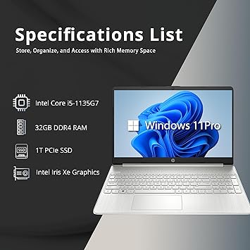 HP 15.6" FHD Business Laptop, Intel Core i5-1135G7, 32GB DDR4 RAM, 1TB PCIe SSD, Intel Iris Xe Graphics, Numpad, Webcam, Wi-Fi 5, Bluetooth, Silver, Win 11 Pro, 32GB Hotface USB Card