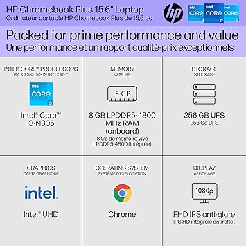 HP Chromebook 15.6 inch Laptop, Full HD Display, Intel Core i3-N305, 8 GB RAM, 256 GB UFS, Intel UHD Graphics, Chrome OS, 15a-nb0006ca