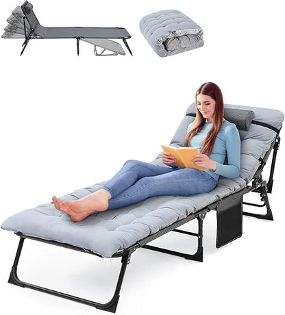 Sportneer Camping Cots for Adults with Mattress, Adjustable 5-Position Folding Chaise Lounge Chair with Pillow Outdoor Portable Lounge Chairs Sleeping Cots for Camping Pool Beach Patio, Support 450LBS