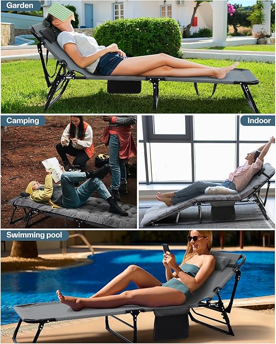 Sportneer Camping Cots for Adults with Mattress, Adjustable 5-Position Folding Chaise Lounge Chair with Pillow Outdoor Portable Lounge Chairs Sleeping Cots for Camping Pool Beach Patio, Support 450LBS