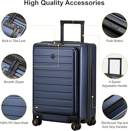 LEVEL8 Carry On Luggage with Compartment, 20 Inch Lightweight Hard Shell Rolling Suitcase with Wheels Airline Approved, Checked Luggage with Front Pocket, Double Tsa Locks - Navy Blue