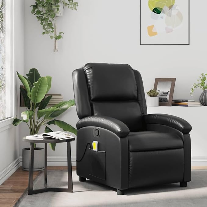 vidaXL Black Faux Leather Massage Recliner - Adjustable Manual Armchair with Vibration Massage, Side Pocket, and Plush Padding