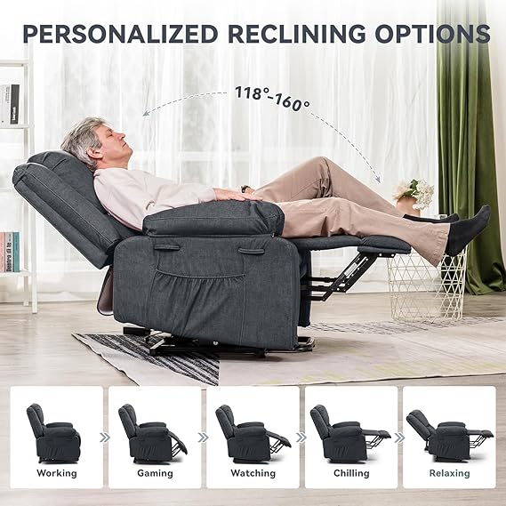 COMHOMA Power Lift Recliner Chair for Elderly Home Theater Sofa Chair with Back Massage, Heat, Infinite Position, Side Pockets, Rocker Recliner Chair for Living Room, Bedroom, Gray