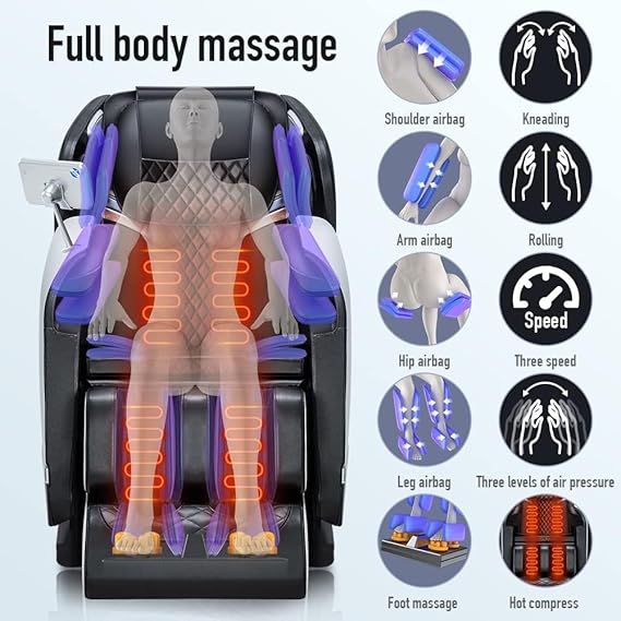 Massage Chair Full Body Recliner - Zero Gravity with Heat and Shiatsu Foot Massage Office Chair LCD Touch Screen Display Bluetooth Speaker Airbags Foot Rollers (White)