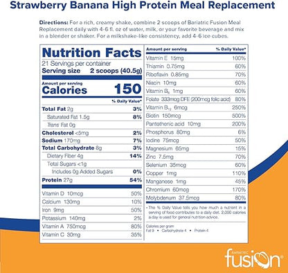 Bariatric Fusion Strawberry Banana Meal Replacement 27g Protein Powder, 21 Serving Tub for Bariatric Surgery Patients Including Gastric Bypass and Sleeve Gastrectomy - No Gluten, Aspartame or Sugar