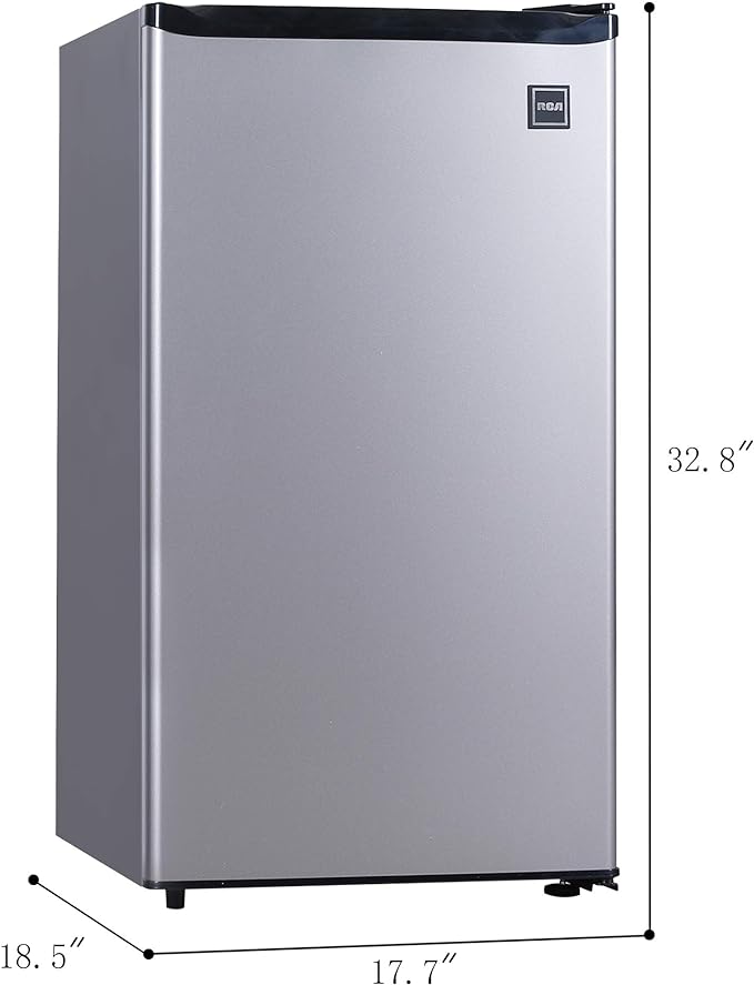 RCA RFR322 Mini Refrigerator, Compact Freezer Compartment, Adjustable Thermostat Control, Reversible Door, Ideal Fridge for Dorm, Office, Apartment, Platinum Stainless, 3.2 Cubic Feet