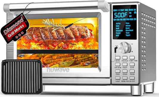 NUWAVE Bravo XL Air Fryer Convection Toaster Oven Countertop, 112-in-1 Smart Grill Combo with Original Flavors & Marks, Adjustable Heating Zones for Pizza, Roast, Bake, 50-500°F, Stainless Steel, 30QT