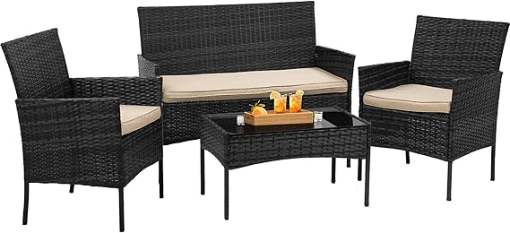 BestOffice Patio Furniture 4 Pieces Outdoor Indoor Use Rattan Chairs Wicker Patio Loveseats Conversation Sets with Table and Beige Cushions for Backyard Lawn Porch Garden Balcony,Black