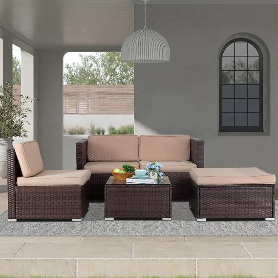 FDW 5 Pieces Outdoor Patio Furniture Sets Sectional Sofa Rattan Chair Wicker Conversation Set Outdoor Backyard Porch Poolside Balcony Garden Furniture with Coffee Table,Khaki