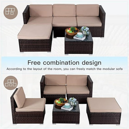 FDW 5 Pieces Outdoor Patio Furniture Sets Sectional Sofa Rattan Chair Wicker Conversation Set Outdoor Backyard Porch Poolside Balcony Garden Furniture with Coffee Table,Khaki