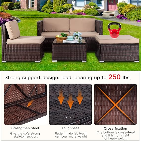 FDW 5 Pieces Outdoor Patio Furniture Sets Sectional Sofa Rattan Chair Wicker Conversation Set Outdoor Backyard Porch Poolside Balcony Garden Furniture with Coffee Table,Khaki