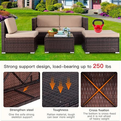 FDW 5 Pieces Outdoor Patio Furniture Sets Sectional Sofa Rattan Chair Wicker Conversation Set Outdoor Backyard Porch Poolside Balcony Garden Furniture with Coffee Table,Khaki