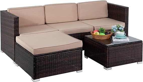 FDW 5 Pieces Outdoor Patio Furniture Sets Sectional Sofa Rattan Chair Wicker Conversation Set Outdoor Backyard Porch Poolside Balcony Garden Furniture with Coffee Table,Khaki