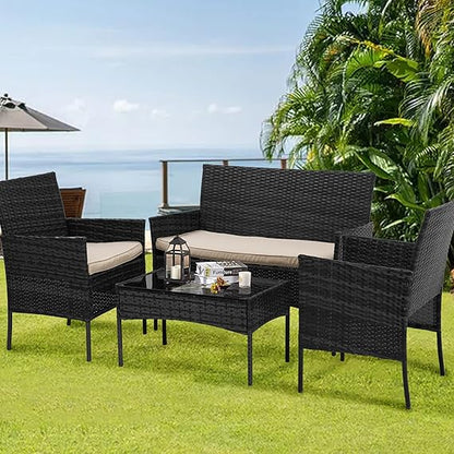 BestOffice Patio Furniture 4 Pieces Outdoor Indoor Use Rattan Chairs Wicker Patio Loveseats Conversation Sets with Table and Beige Cushions for Backyard Lawn Porch Garden Balcony,Black