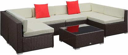 Outsunny 7 Piece Patio Furniture Set, PE Rattan Outdoor Conversation Set with Sectional Sofa, Glass Tabletop, Cushions and Pillows for Garden, Lawn, Deck, Coffee and Cream White