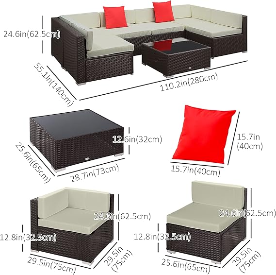 Outsunny 7 Piece Patio Furniture Set, PE Rattan Outdoor Conversation Set with Sectional Sofa, Glass Tabletop, Cushions and Pillows for Garden, Lawn, Deck, Coffee and Cream White