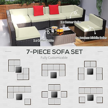 Outsunny 7 Piece Patio Furniture Set, PE Rattan Outdoor Conversation Set with Sectional Sofa, Glass Tabletop, Cushions and Pillows for Garden, Lawn, Deck, Coffee and Cream White