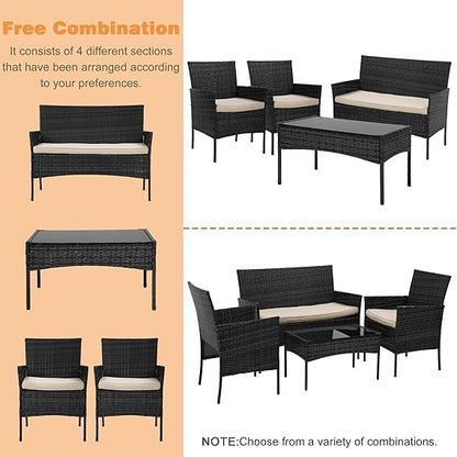 BestOffice Patio Furniture 4 Pieces Outdoor Indoor Use Rattan Chairs Wicker Patio Loveseats Conversation Sets with Table and Beige Cushions for Backyard Lawn Porch Garden Balcony,Black