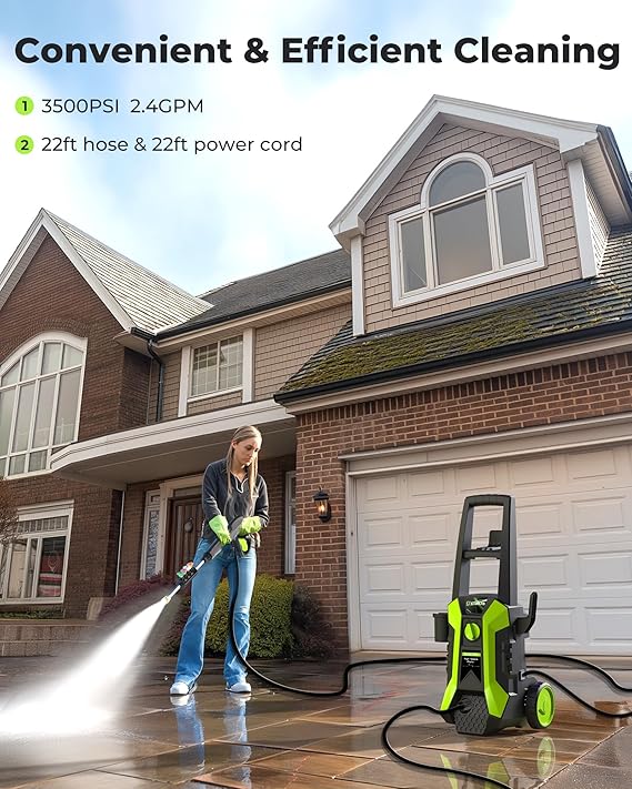 Pressure Washer, 3500 PSI Max 2.4GPM Power Washer with 4 Nozzels, ETOOLAB Electric Power Washer for Patio Pool Cleaning Car Electric Pressure Washers Fence 22FT Cord and 22FT Hose (Green)