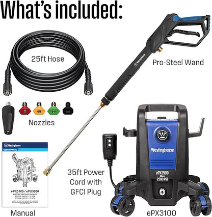 Westinghouse ePX3500 Electric Pressure Washer, 2500 Max PSI 1.76 Max GPM with Anti-Tipping Technology, Onboard Soap Tank, Pro-Style Steel Wand, 5-Nozzle Set, for Cars/Fences/Driveways/Home/Patios