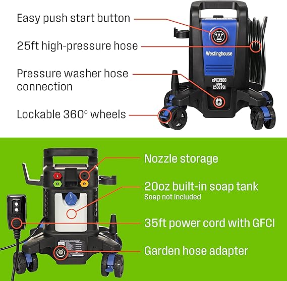 Westinghouse ePX3500 Electric Pressure Washer, 2500 Max PSI 1.76 Max GPM with Anti-Tipping Technology, Onboard Soap Tank, Pro-Style Steel Wand, 5-Nozzle Set, for Cars/Fences/Driveways/Home/Patios