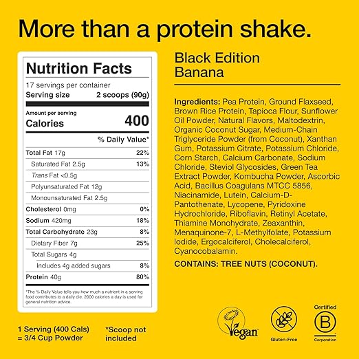 Huel Black Edition | Banana 40g Vegan Protein Powder | Nutritionally Complete Meal | 27 Vitamins and Minerals, Gluten Free | 17 Servings | Scoop not included to reduce plastic