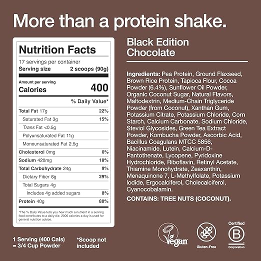 Huel Black Edition | Chocolate 40g Vegan Protein Powder | Nutritionally Complete Meal | 27 Vitamins and Minerals, Gluten Free | 17 Servings | Scoop not Included to Reduce Plastic