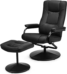 Swivel Recliner Chair, WaterJoy PU Leather Lounge Armchair Recliner, 360 Degree Swivel Overstuffed Padded Seat Chair with Footrest Stool Ottoman Set for Office Living Room Black