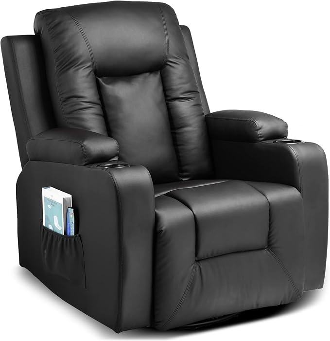 COMHOMA Leather Recliner Chair Modern Rocker with Heated Massage Ergonomic Lounge 360 Degree Swivel Single Sofa Seat with Drink Holders Living Room Chair (Black)