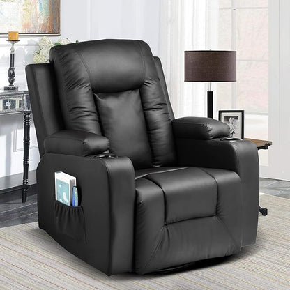 COMHOMA Leather Recliner Chair Modern Rocker with Heated Massage Ergonomic Lounge 360 Degree Swivel Single Sofa Seat with Drink Holders Living Room Chair (Black)