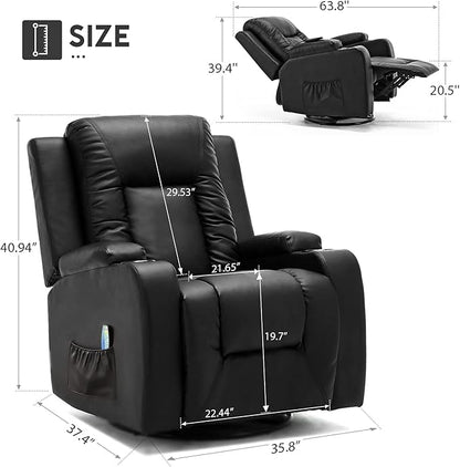 COMHOMA Leather Recliner Chair Modern Rocker with Heated Massage Ergonomic Lounge 360 Degree Swivel Single Sofa Seat with Drink Holders Living Room Chair (Black)