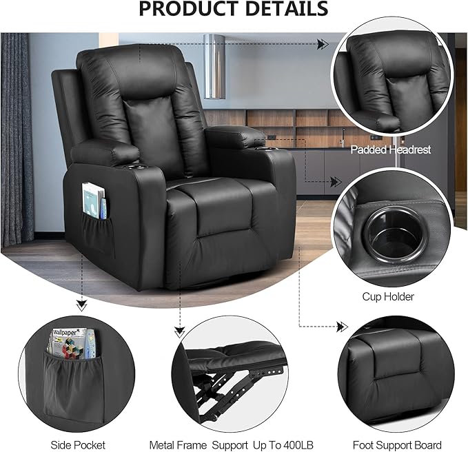 COMHOMA Leather Recliner Chair Modern Rocker with Heated Massage Ergonomic Lounge 360 Degree Swivel Single Sofa Seat with Drink Holders Living Room Chair (Black)