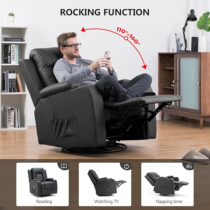 COMHOMA Leather Recliner Chair Modern Rocker with Heated Massage Ergonomic Lounge 360 Degree Swivel Single Sofa Seat with Drink Holders Living Room Chair (Black)