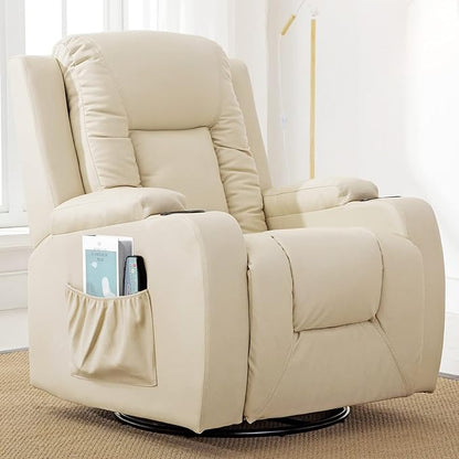 ComHoma Recliner Chair Massage Rocker with Heated Modern PU Leather Ergonomic Lounge 360 Degree Swivel Single Sofa Seat with Drink Holders Living Room Chair Cream White