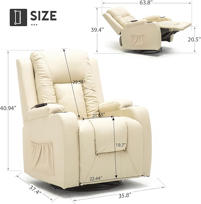 ComHoma Recliner Chair Massage Rocker with Heated Modern PU Leather Ergonomic Lounge 360 Degree Swivel Single Sofa Seat with Drink Holders Living Room Chair Cream White