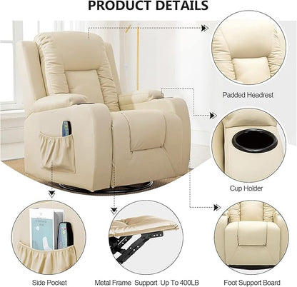 ComHoma Recliner Chair Massage Rocker with Heated Modern PU Leather Ergonomic Lounge 360 Degree Swivel Single Sofa Seat with Drink Holders Living Room Chair Cream White