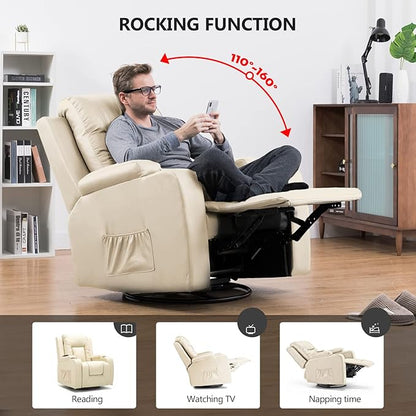 ComHoma Recliner Chair Massage Rocker with Heated Modern PU Leather Ergonomic Lounge 360 Degree Swivel Single Sofa Seat with Drink Holders Living Room Chair Cream White