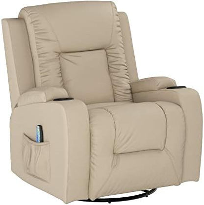 ComHoma Recliner Chair Massage Rocker with Heated Modern PU Leather Ergonomic Lounge 360 Degree Swivel Single Sofa Seat with Drink Holders Living Room Chair Cream White