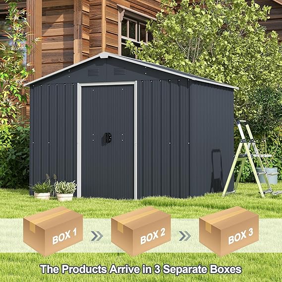 Goplus Outdoor Storage Shed with Floor, Large Garden Tool Bike House with Lockable Sliding Door & Air Vents, Weather-Resistant Metal Sheds & Outdoor Storage for Backyard, Patio, Lawn, Yard
